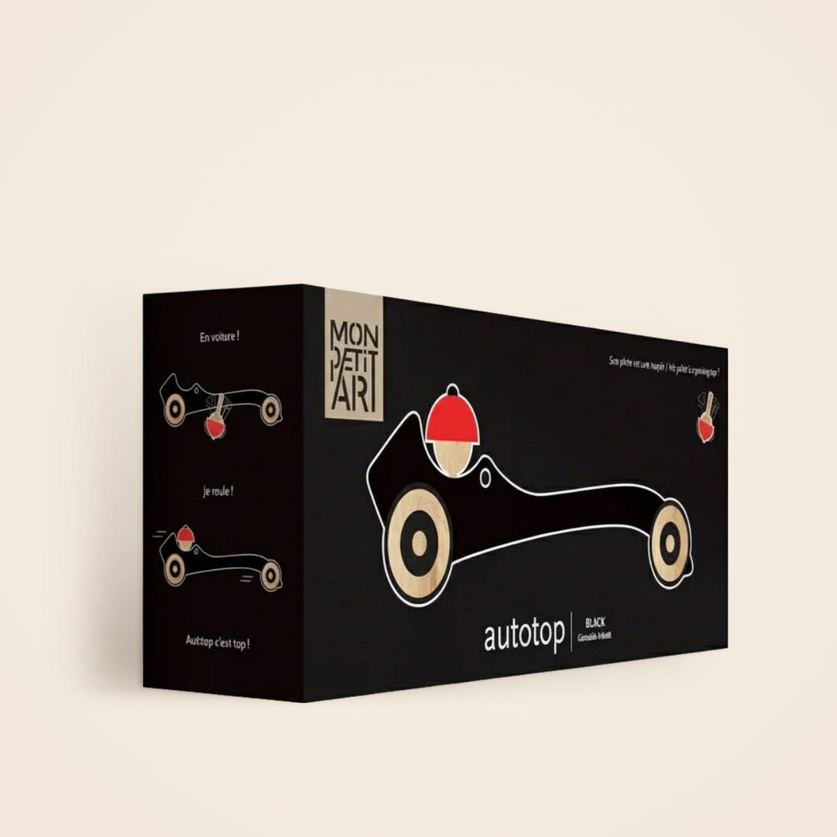 Autotop Black, wooden spinning-top car by Gonzalo Arbutti