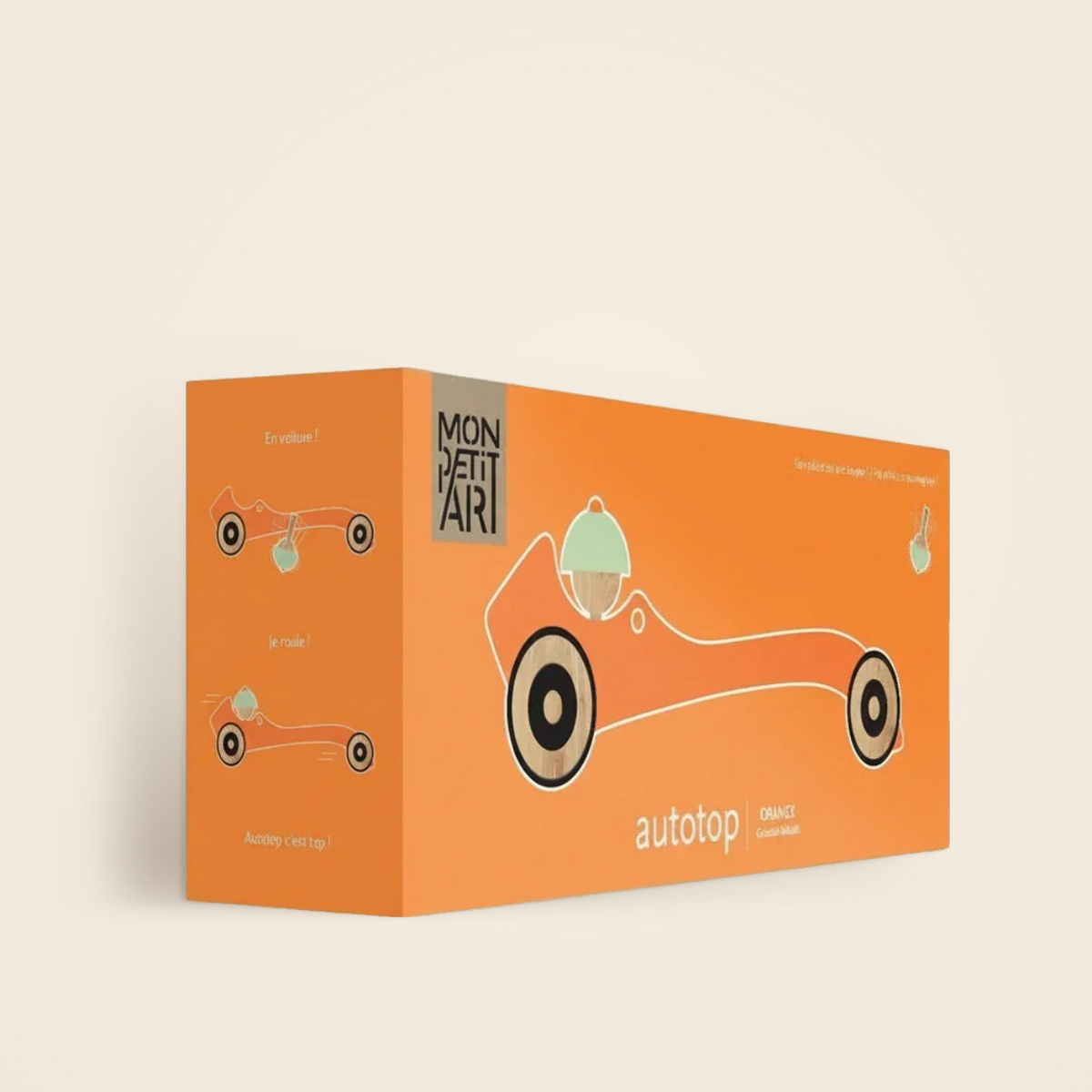 Autotop Orange, wooden spinning-top car by Gonzalo Arbutti