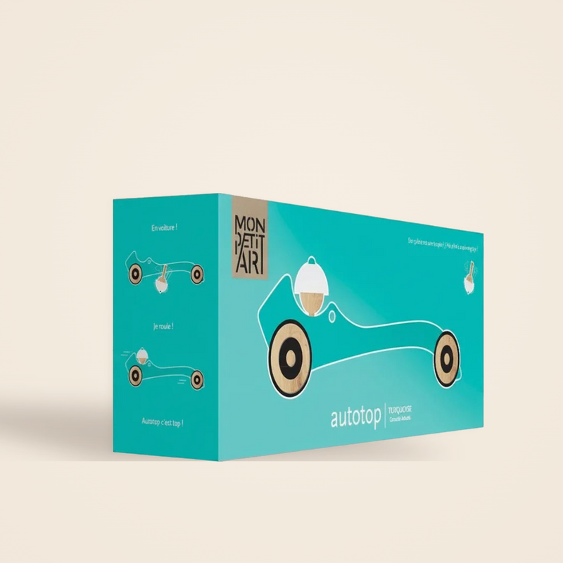 Autotop Turquoise, voiture toupie en bois par Gonzalo Arbutti