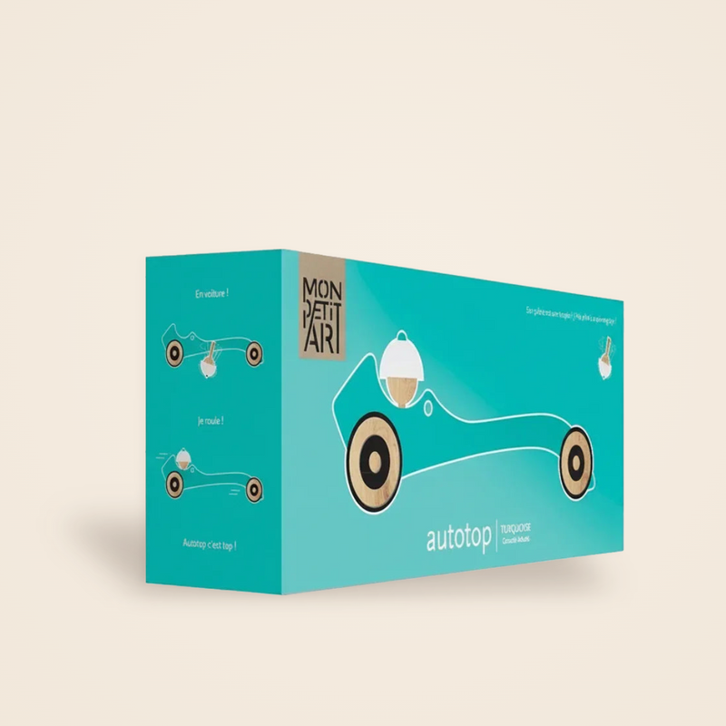 Autotop Turquoise, voiture toupie en bois par Gonzalo Arbutti